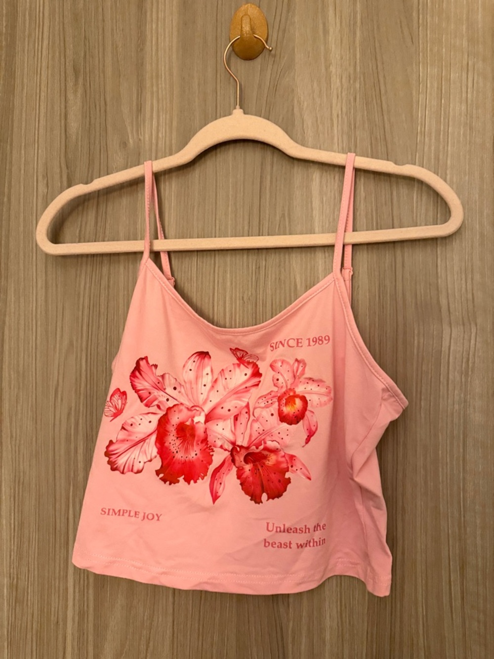Simple Pink Floral Spaghetti-Strap Crop Cami